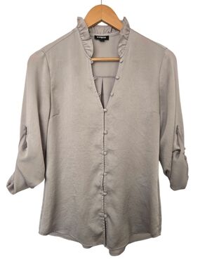 Express Ruffle Neck Blouse Small Gray Button Front Roll Tab Sleeve Workwear Top